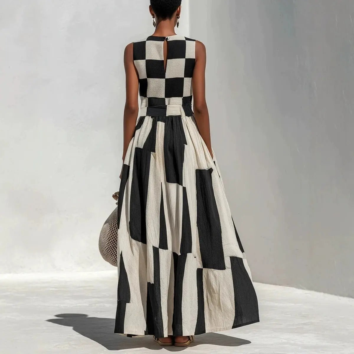 Noa Vestido Maxi Geométrico en Blanco y Negro