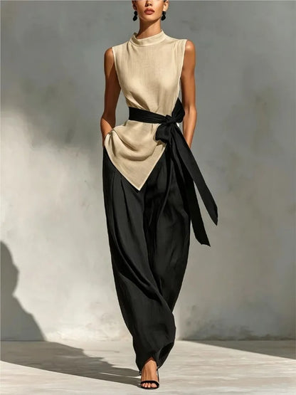 Claudia Conjunto Elegante Bicolor con Top Asimétrico y Pantalón Ancho