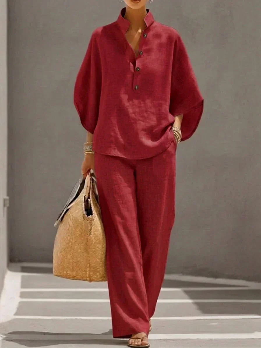 Vila Conjunto de Lino con Blusa de Mangas Murciélago y Pantalón de Pernera Ancha