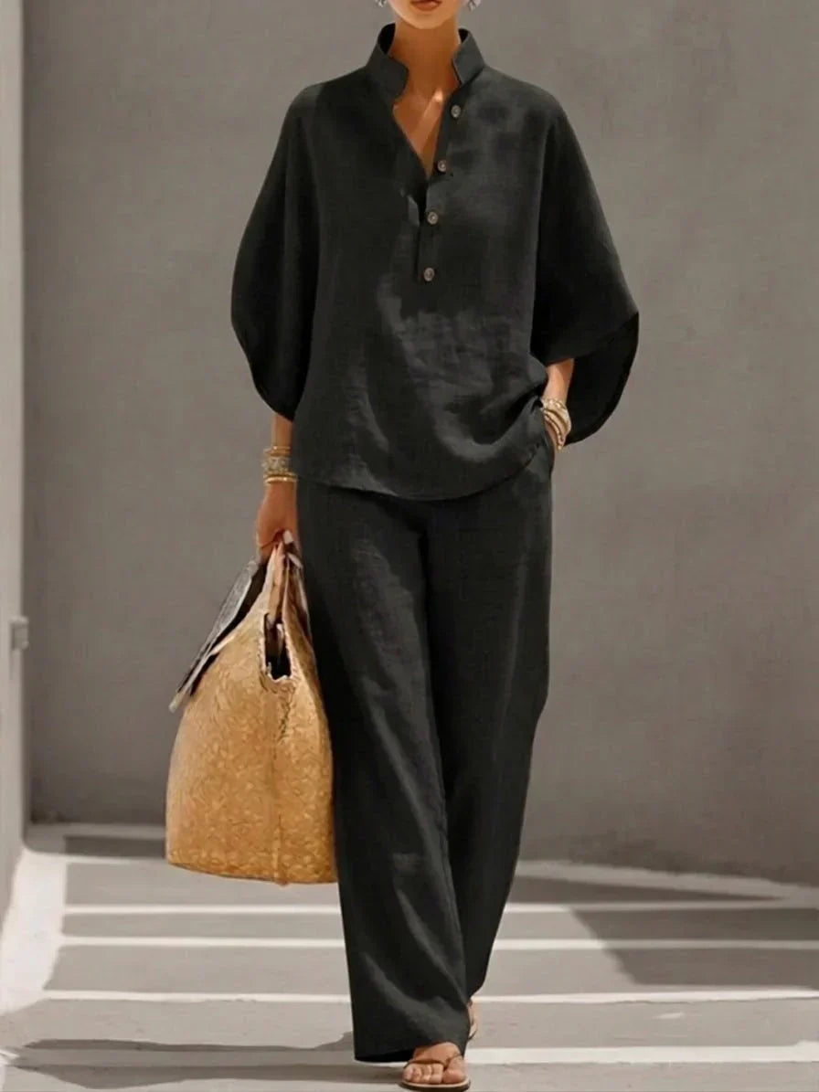 Vila Conjunto de Lino con Blusa de Mangas Murciélago y Pantalón de Pernera Ancha
