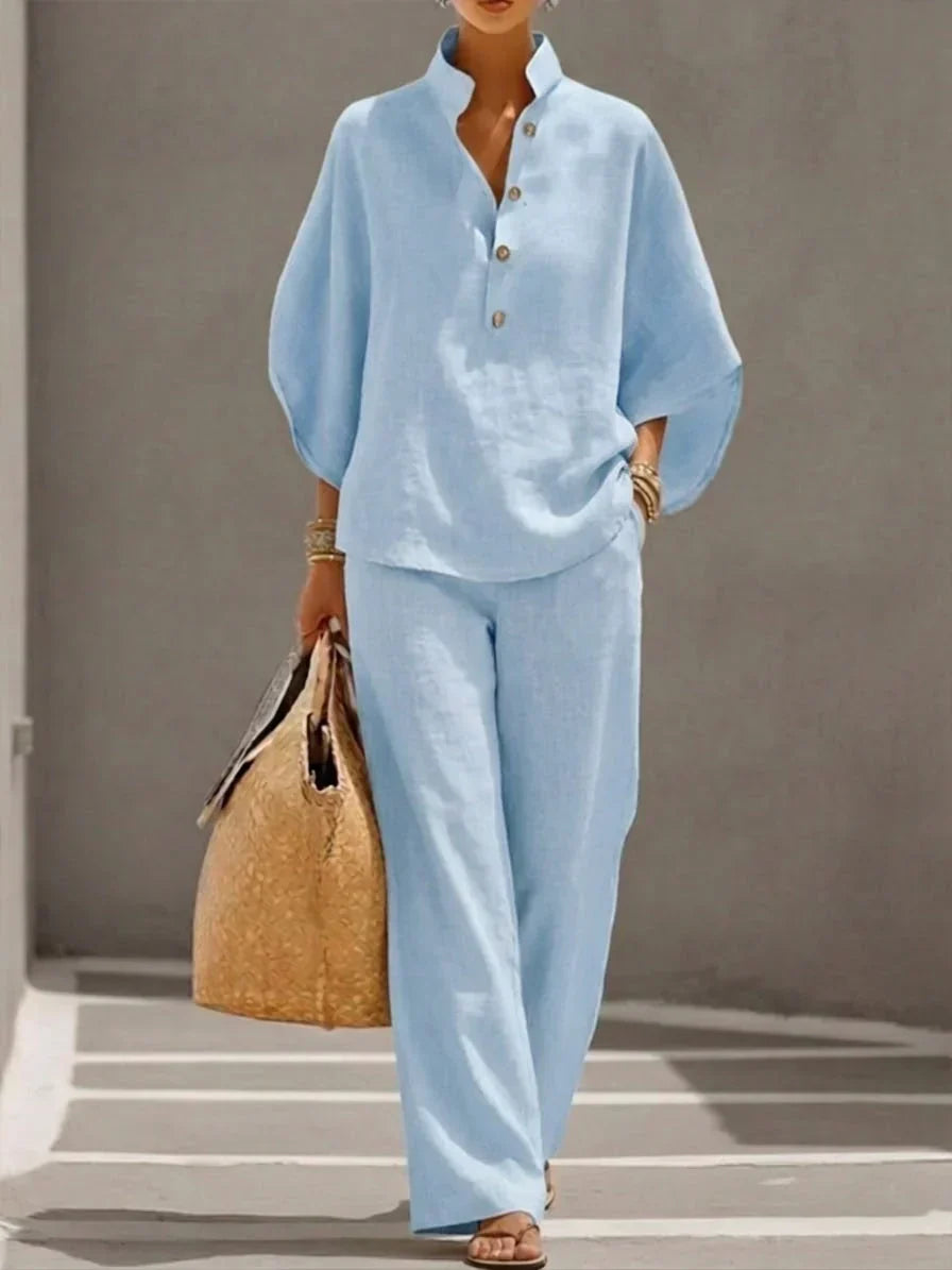 Vila Conjunto de Lino con Blusa de Mangas Murciélago y Pantalón de Pernera Ancha
