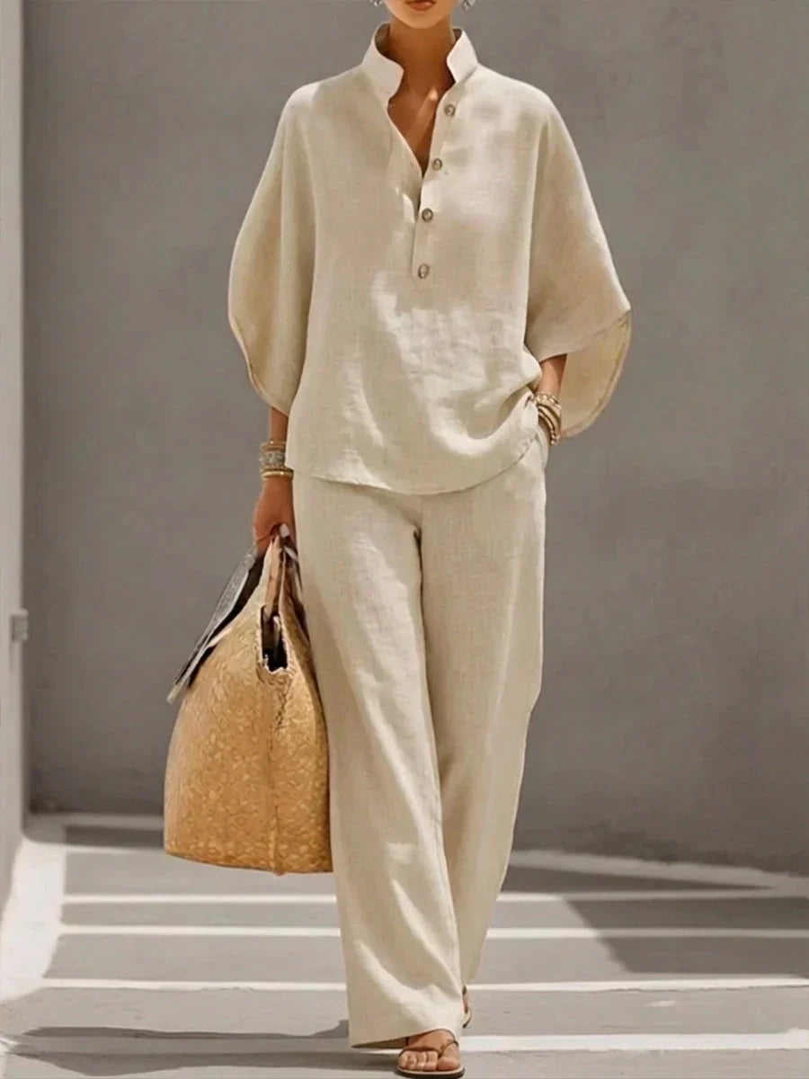 Vila Conjunto de Lino con Blusa de Mangas Murciélago y Pantalón de Pernera Ancha