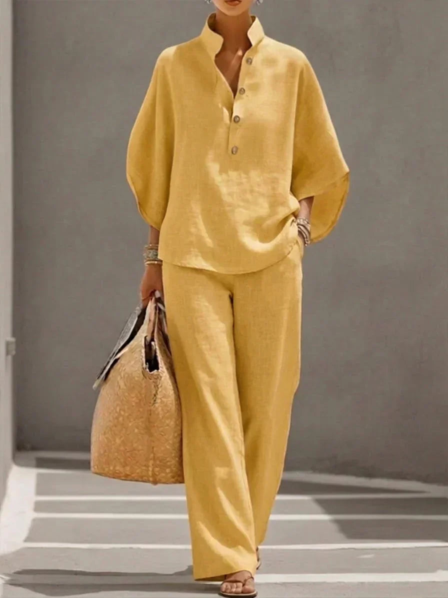 Vila Conjunto de Lino con Blusa de Mangas Murciélago y Pantalón de Pernera Ancha