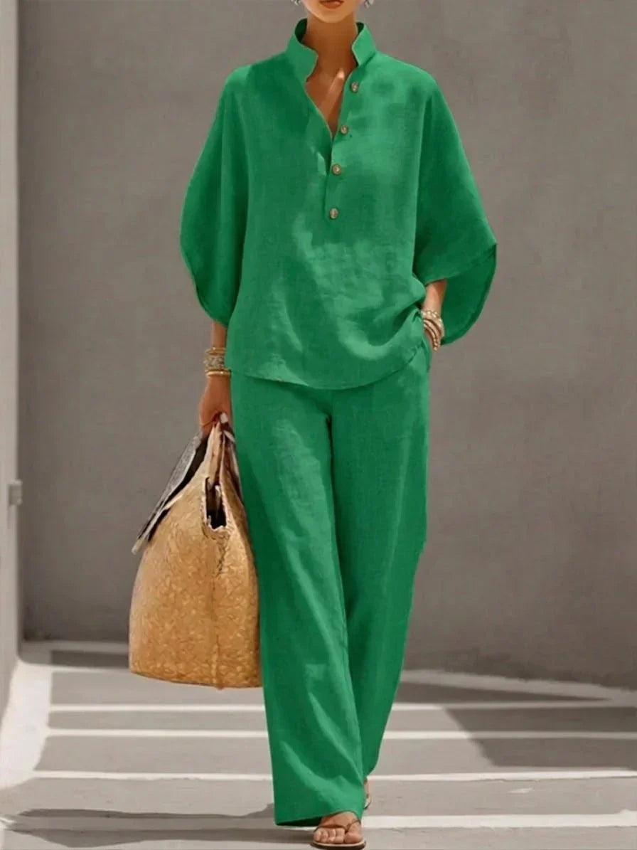 Vila Conjunto de Lino con Blusa de Mangas Murciélago y Pantalón de Pernera Ancha