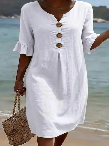 Vestido Texturizado con Mangas Abullonadas y Botones