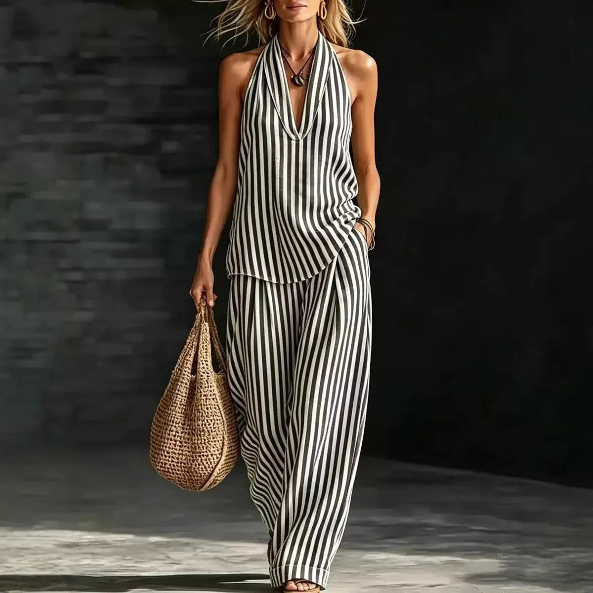 Sofía Conjunto de Lino con Top Halter y Pantalón Ancho a Rayas