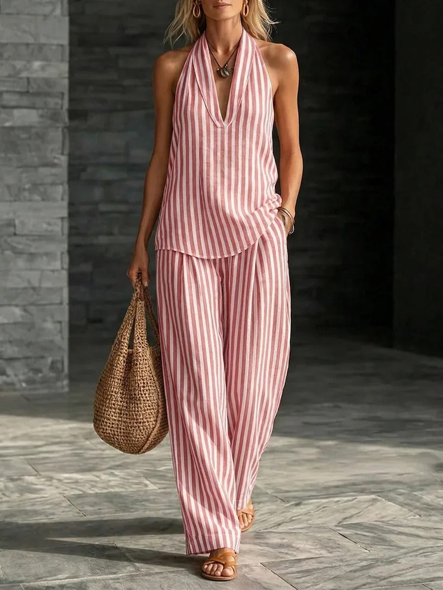 Sofía Conjunto de Lino con Top Halter y Pantalón Ancho a Rayas