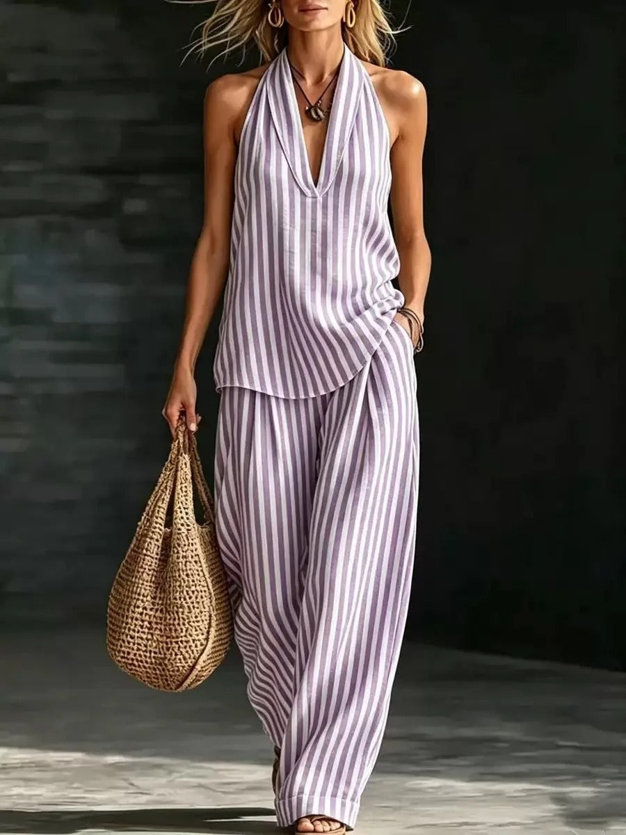 Sofía Conjunto de Lino con Top Halter y Pantalón Ancho a Rayas