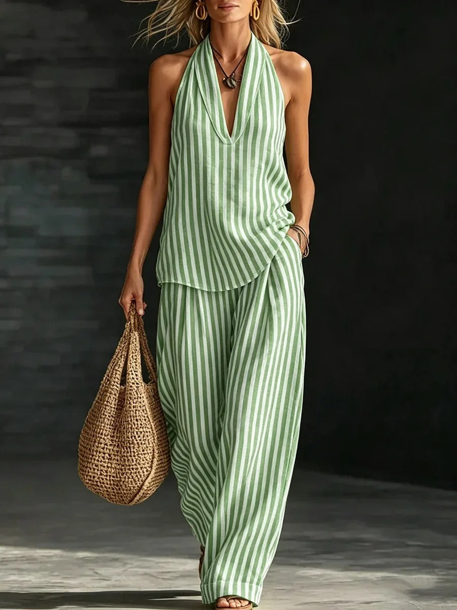 Sofía Conjunto de Lino con Top Halter y Pantalón Ancho a Rayas