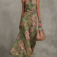 Vestido Maxi Halter Floral Verde de Gasa
