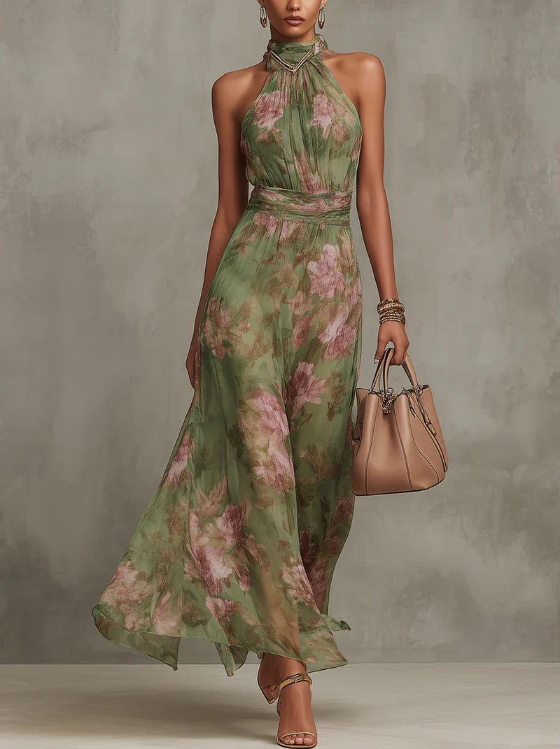 Vestido Maxi Halter Floral Verde de Gasa