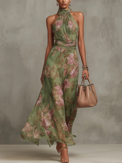 Vestido Maxi Halter Floral Verde de Gasa
