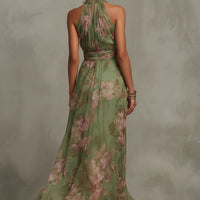 Vestido Maxi Halter Floral Verde de Gasa