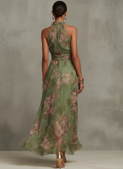Vestido Maxi Halter Floral Verde de Gasa