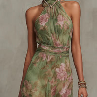 Vestido Maxi Halter Floral Verde de Gasa