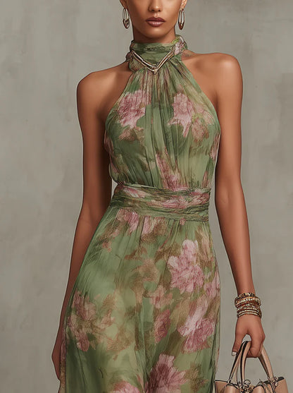 Vestido Maxi Halter Floral Verde de Gasa
