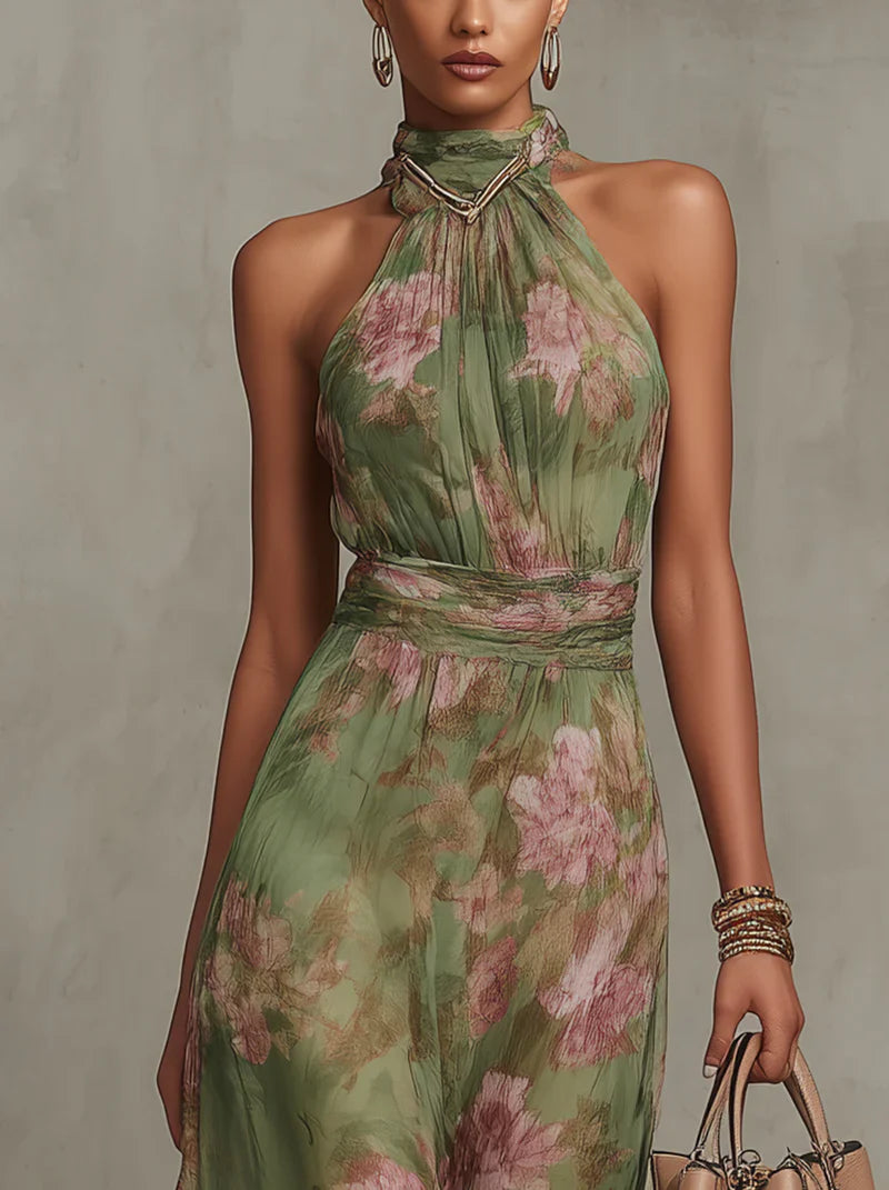 Vestido Maxi Halter Floral Verde de Gasa