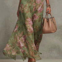 Vestido Maxi Halter Floral Verde de Gasa