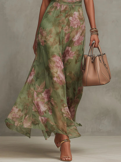 Vestido Maxi Halter Floral Verde de Gasa