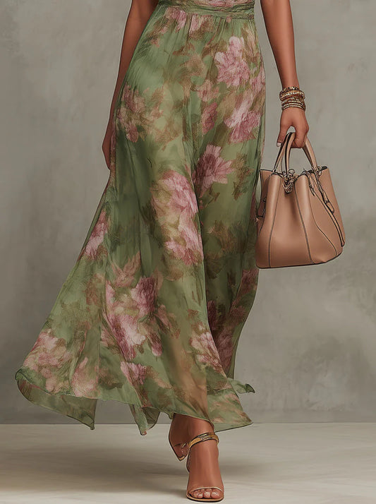 Vestido Maxi Halter Floral Verde de Gasa